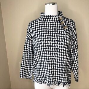 ZARA Navy Blue & White Houndstooth Tweed Pullover Fringe Hem Top XS